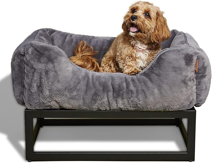 FUZI Luxury Aesthetic Dog Bed for Small Dogs with Washable Cover, Pet Couch, Pet Bed with Sides, Non-Slip Bottom, Soft & Durable Calming Dog Bed, Faux Rabbit Fur Cover, Small 25.1x16.75x9.5 Dark Grey