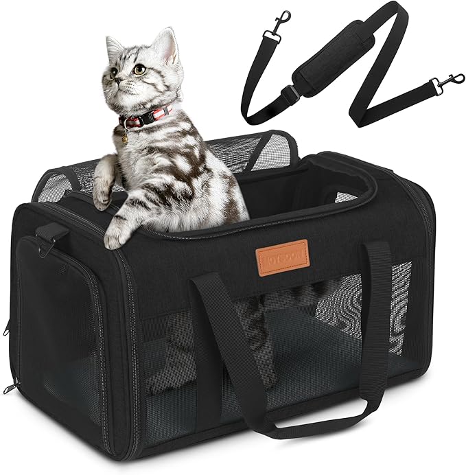 PETUX Pet Carrier Airline Approved, 17"x11"x9.5" Portable Cat Carrier Soft with Anti-Scratch Mesh for Small Cats up to 12 lb, Top Open Breathable Dog Carriers for Puppy up to 10 lb (Black)