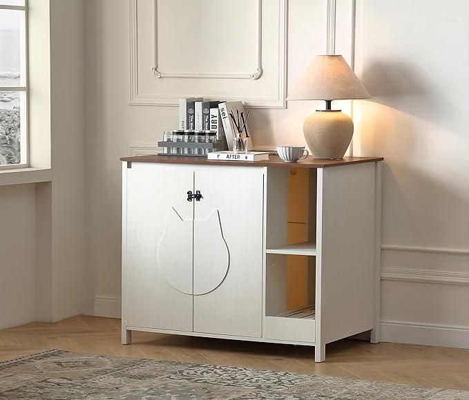 Cat-Faced Doors Cat Litter Robot Enclosure,Automatic Litter Box Enclosure for Litter Robot 3/4,Power Outlet for cat Litter Cabinet,Litter Collector,Dog-Proof Shelf,Antique White