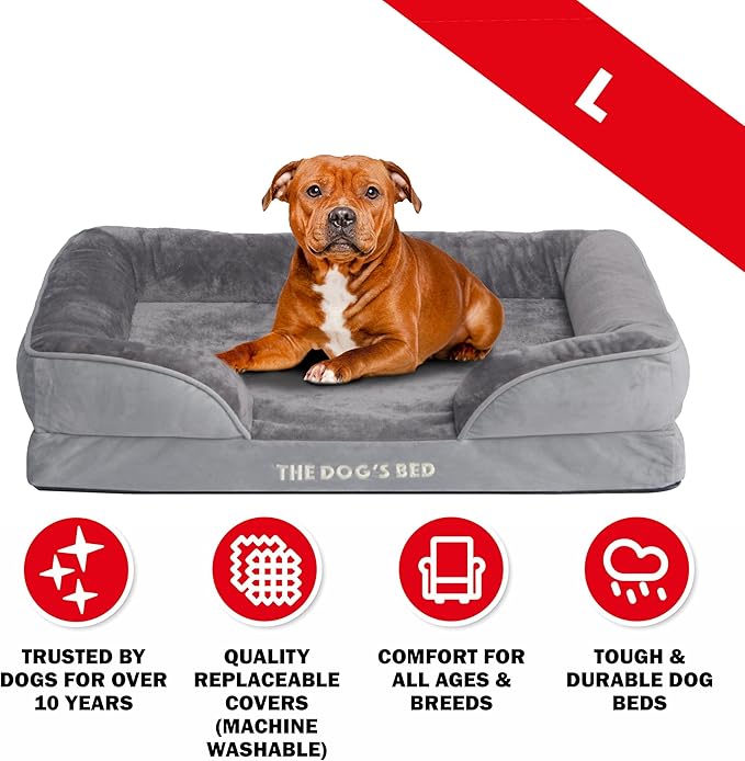 The Dog’s Bed, Orthopedic Standard Foam Waterproof Dog Bed with Standard Support, Large Silver Grey Plush, Waterproof, Supportive Dog Bed with Replaceable Covers, Veterinary Approved