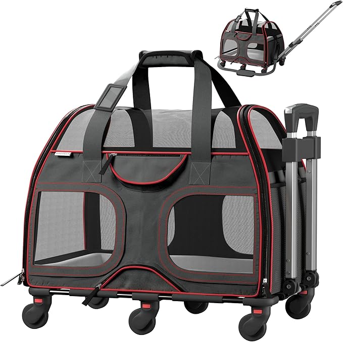 Katziela Pet Carrier - Airline Compliant - TSA Approved Pet Carrier for Small Dogs and Cats - Soft FAA Travel Airplane Dog Carrier Luggage (Black/Red)