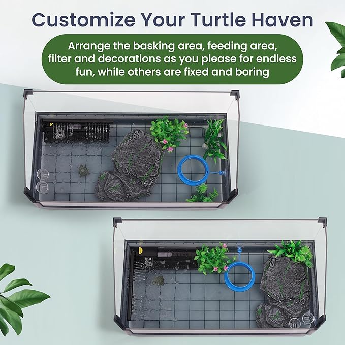 Large Turtle Tank Kit for Aquatic Turtles – Complete Starter Habitat with Filter, UVB Lamp, Basking Platform, Plants, Feeding Ring – Turtle Aquarium Kit (Black)