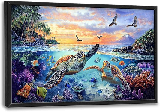 Framed Large Sea Turtle Wall Art for Living Room, Oversized Ocean Turtle Wall Decor Seascape Underwater Marine Life Canvas Painting Home Decoration for Living Room Bedroom Office 36"x24"