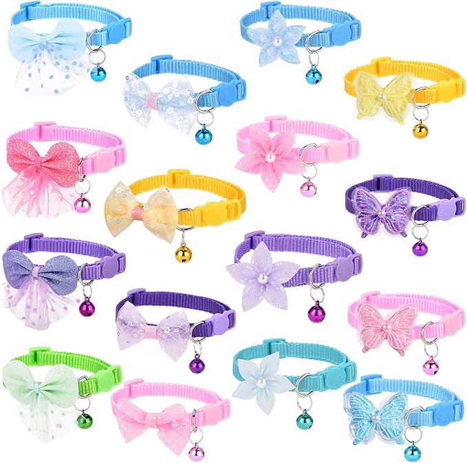16 PCS Cute Cat Collars Breakaway with Bell for Boy Cats and Girl Cats Gifts (#2-Multicolor Lace)