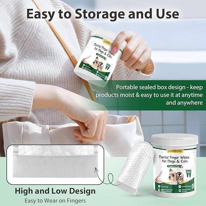 LANBEIDE Teeth Cleaning Wipes for Dogs & Cats 120 Counts, Pet Dental Care Finger Wipes for Reducing Plaque & Tartar, Breath Freshener Dental and Gum Care Finger Pet Wipes, No Hard Toothbrush