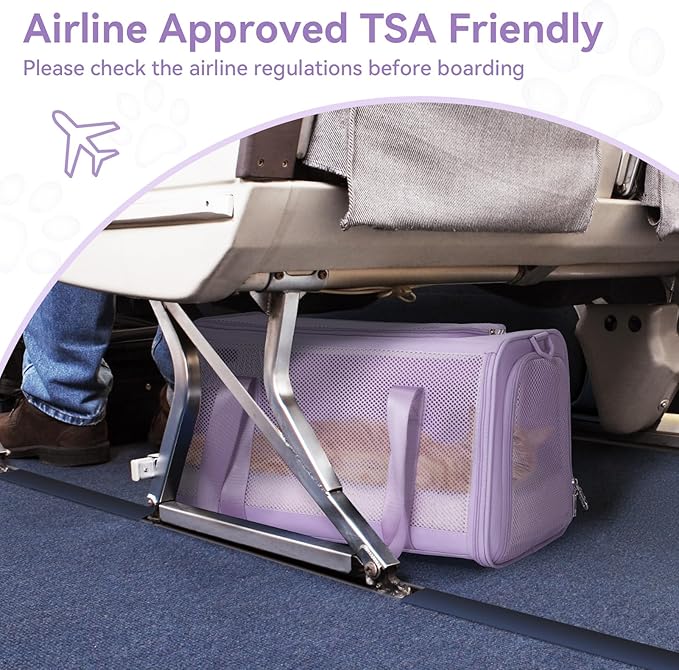 PETSFIT Soft-Sided Cat Carriers & Car Seats with Patent Safe Buckles, Clip-On Harness, 18"x11"x11" Airline Approved Pet Carrier - 9 lbs Capacity (Purple)