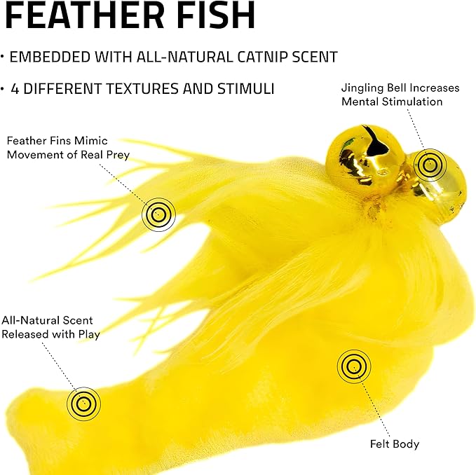 Playology Cat Toy Set | 5-Pack Feather Fish | Interactive Feather Toys for Cats | Stimulating Playtime Fun