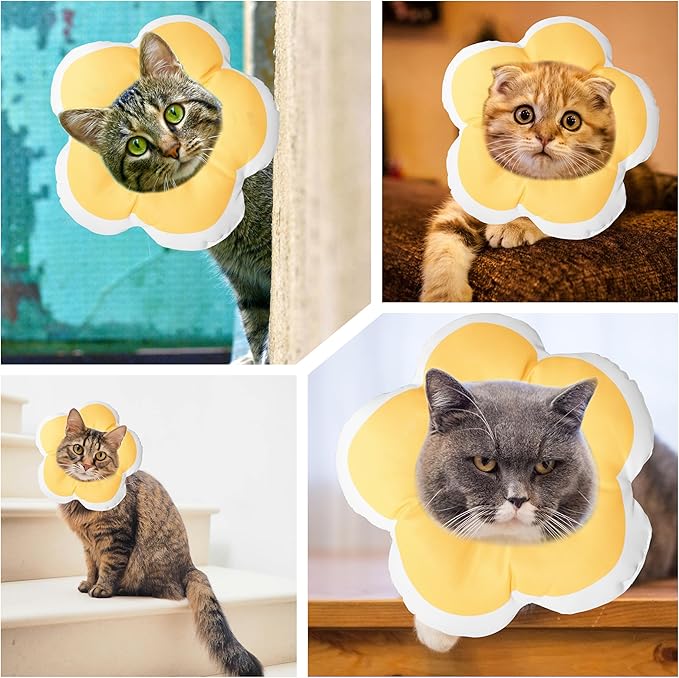 Cat Cone Collar Soft, Waterproof Cats Cones to Stop Licking After Surgery, Adjustable Soft Elizabeth Cats Collars for Wound Healing, Flower Shape Cat Recovery Collar (Yellow, X-Small)