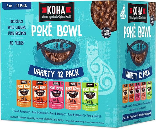 KOHA Poké Bowl Cat Variety Pack, Wet Cat Food in Gravy - 7 Flavors - Tuna Combinations of Salmon, Chicken, Lamb, Duck, Shrimp, and More - 3 oz Pouches, Pack of 12