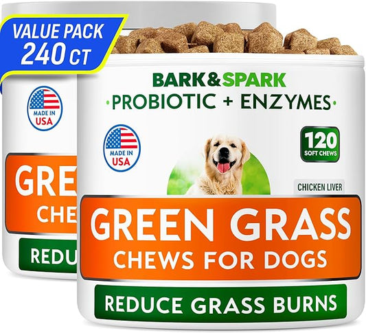 BARK&SPARK Green Grass Chews - Pee Grass Spot Saver Caused by Dog Urine - Urine Neutralizer for Lawn, Gut Health Probiotics & Digestive Enzymes,Lawn Burn from Dog Urine, Grass Burn Spot Chews (240Ct)
