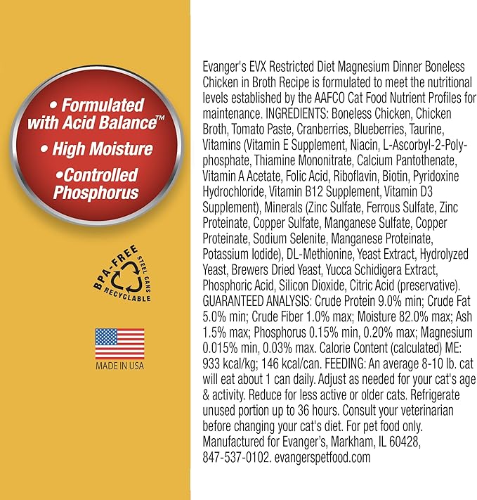 Evanger’s EVX Restricted Diet Magnesium Canned Cat Food – 24 Count, 5.5 oz Cans Each – Boneless Chicken in Broth with Berries – Grain Free, Limited Ingredients, Stew Style