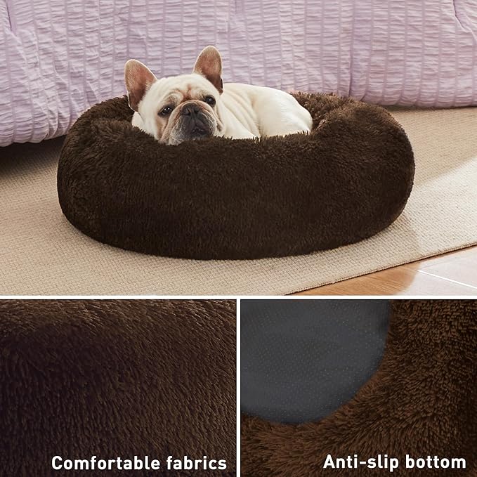 Love's cabin 24in Cat Beds for Indoor Cats - Cat Bed with Machine Washable, Waterproof Bottom - Dark Brown Fluffy Dog and Pet Calming Cushion Bed for Joint-Relief and Sleep Improvement