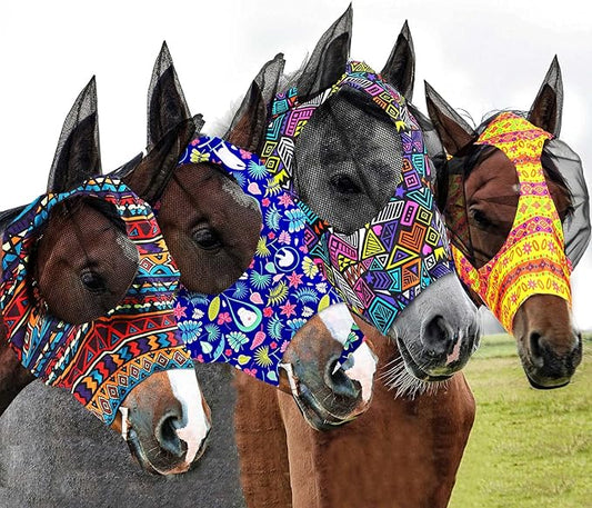 Frienda 4 Pieces Horse Fly Masks with Ears Face Covering UV Protection from Insect Pests Elasticity Smooth Comfortable Mesh Horse Mask Accessories(Geometric,Large)