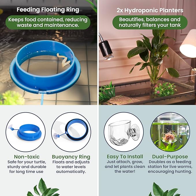 Large Turtle Tank Kit for Aquatic Turtles – Complete Starter Habitat with Filter, UVB Lamp, Basking Platform, Plants, Feeding Ring – Turtle Aquarium Kit (Black)