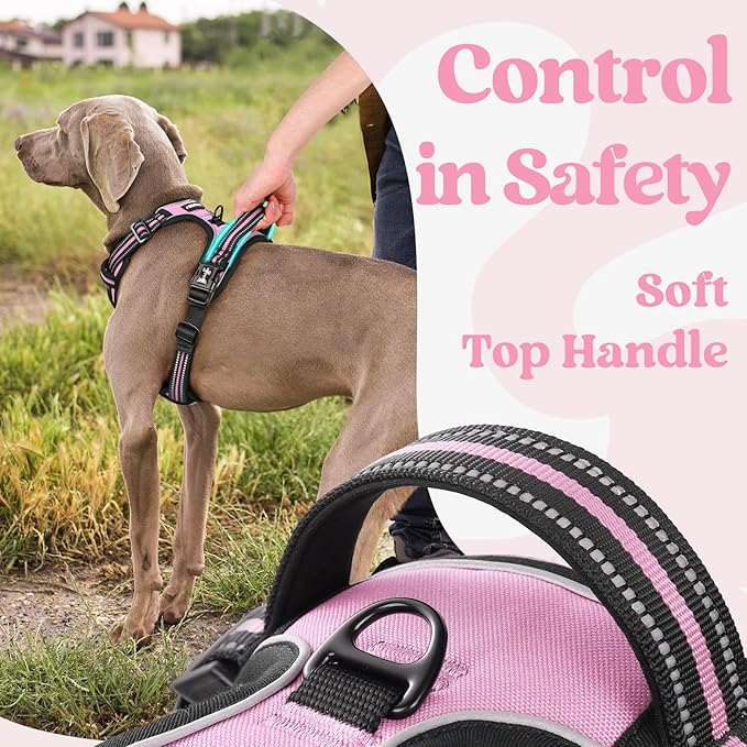 rabbitgoo Dog Harness for Large, No Pull Pet Harness with 3 Buckles, Adjustable Soft Padded Vest with Control Handle, Walking Reflective Pet Vest for Large Dogs, Pink, L