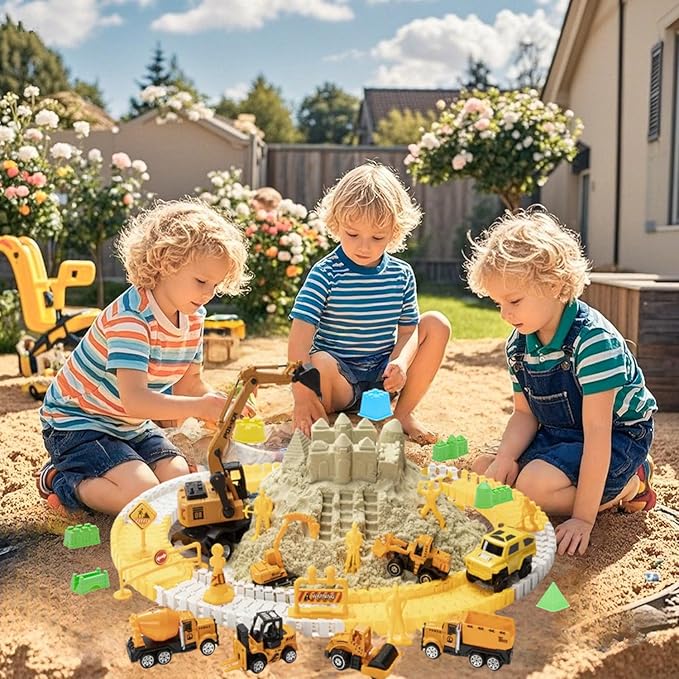 Sand Construction Kit, 2.2lbs Play Sand with Sandbox, 1 Toy Mat 8 Alloy Construction Trucks Race Tracks 10 Sand Molds Sensory Bin Toys for Toddlers Boys Girls Ages 3-8