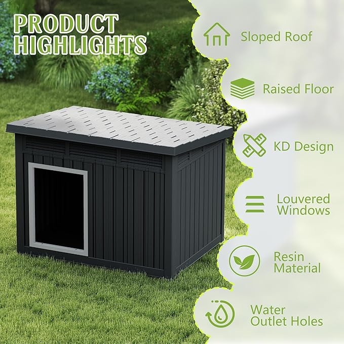 Dog House Indoor Outdoor,Resin Waterproof Puppy Shelter with Air Vents and Elevated Floor,Air Rod on Top to Open,Dog Kennel for Small to Large Dogs(Black,42.87 * 32.95 * 31.61)