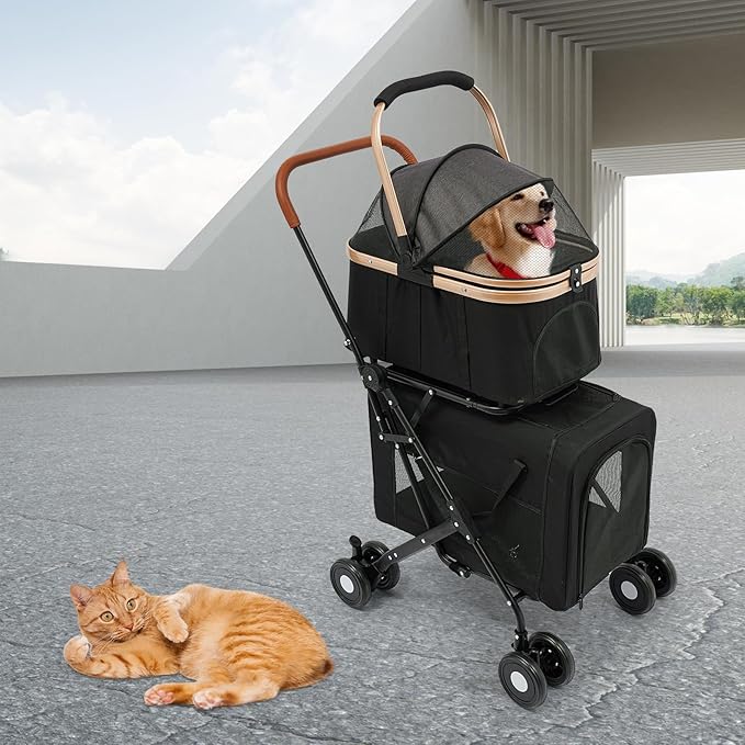 Double Pet Stroller for Dogs and Cats, Foldable Dog Stroller Travel Carriage with Detachable Carriers, Safety Belts, and 4 Lockable Wheels for Small to Medium Pets (Black)