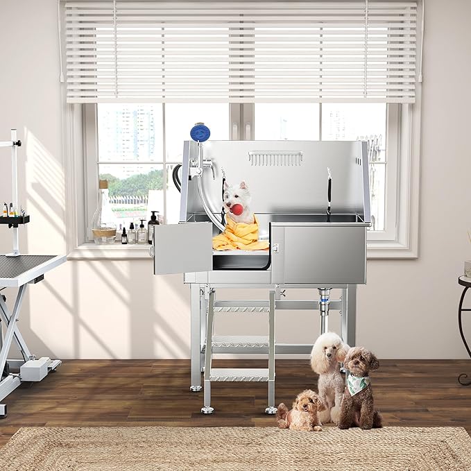 YITAHOME Dog Grooming Bathtub 38in, Professional 304 Stainless Steel Dog Bathing Station Tub w/Left Stairs, Faucet, Floor Grate, Pet Washing Station for Small, Medium, Indoor, Outdoor