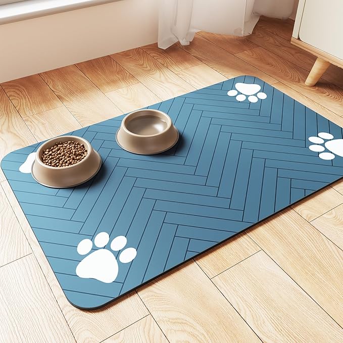 Pet Feeding Mat-Absorbent Pet Placemat for Food and Water Bowl, with Waterproof Rubber Backing, Quick Dry Water Dispenser Mat for Dog and Cat (12"x20", Blue)