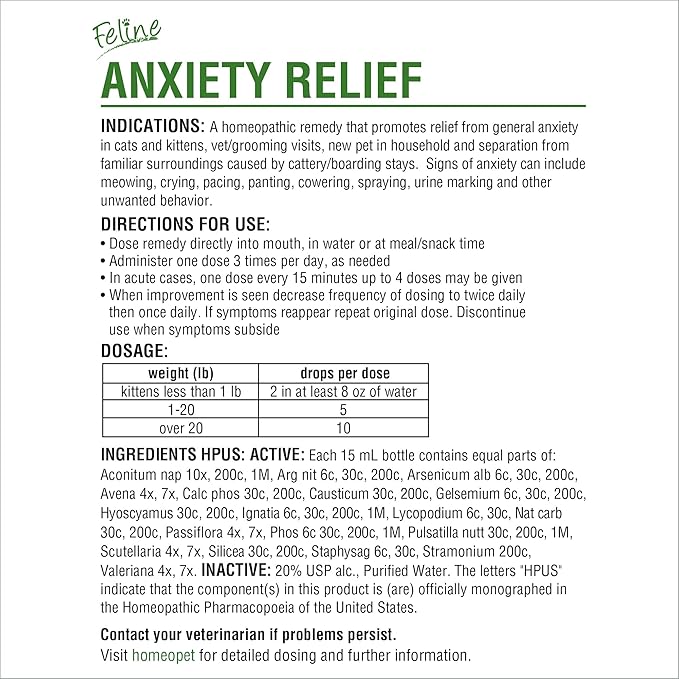 HomeoPet Feline Anxiety Relief, Natural Stress and Anxiety Support, Anxiety Supplement for Cats, 15 Milliliters