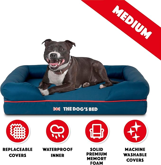 The Dog’s Bed Orthopedic Dog Bed Medium Blue Oxford with Red Trim UK Flag Dog Bed 30x23.5, Memory Foam, Pain Relief, Post Surgery, Lameness, Veterinary Approved, Waterproof Washable Cover Cover