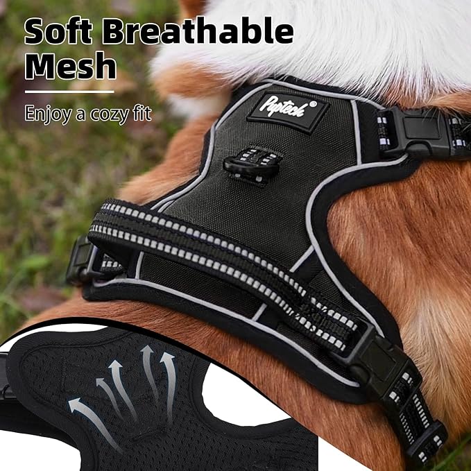 PUPTECK No Pull Dog Harness Medium Sized, Adjustable Reflective Dog Harness with Handle Easy Control, Comfortable Soft Padded Pet Vest Harness for Medium Dogs, Black M