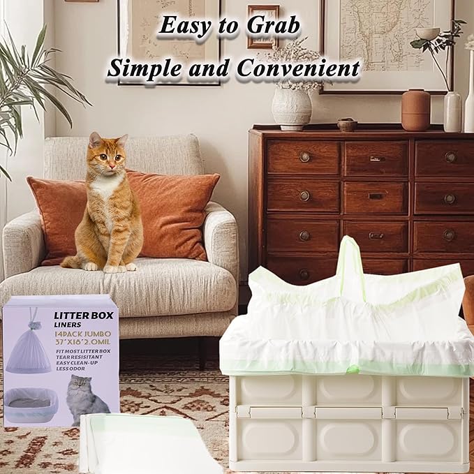 Suhaco Cat Litter Box Liners, Litter Pan Disposable Bags 2 Mil Thickened Cat Litter Liners with Drawstring Weekly 14 Large Pack Litter Bags for Easy Cleaning (L (Pack of 14))