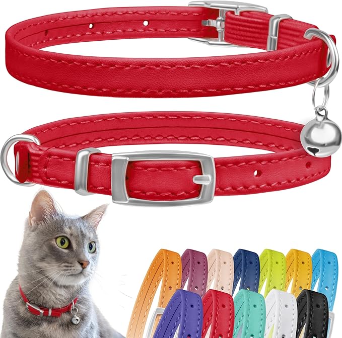 CollarDirect Leather Cat Collar, Kitten Collar with Removable Bell Black Blue Red Orange Lime Green (8-11 Inch, Red)