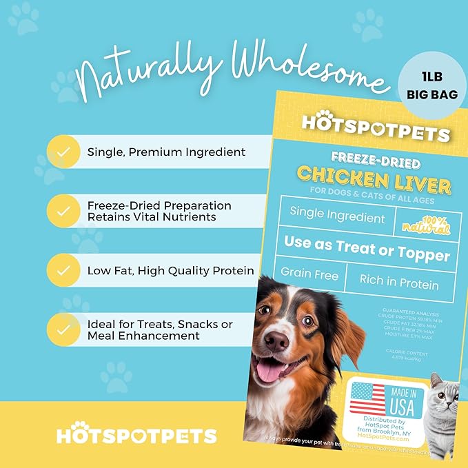 hotspot pets Freeze Dried Chicken Liver Treats for Cats & Dogs -1LB Big Bag-Made in USA- Single Ingredient All Natural, Grain-Free - Perfect for Training, Food Topper or Snack