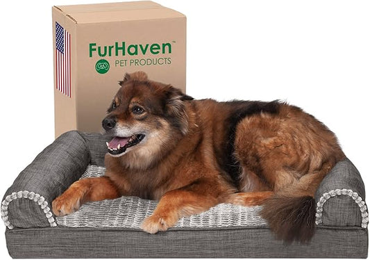 Furhaven Cooling Gel Dog Bed for Large/Medium Dogs w/ Removable Bolsters & Washable Cover, For Dogs Up to 55 lbs - Luxe Faux Fur & Performance Linen Sofa - Charcoal, Large