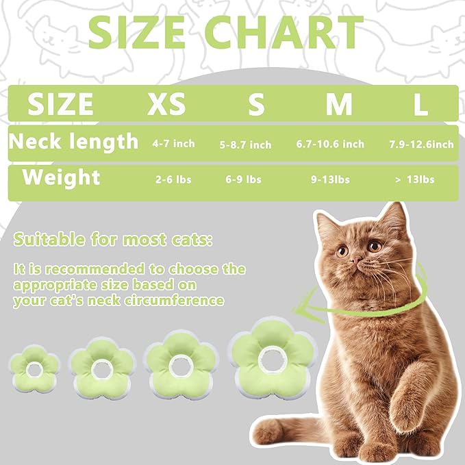 Cat Cone Collar Soft, Waterproof Cats Cones to Stop Licking After Surgery, Adjustable Soft Elizabeth Cats Collars for Wound Healing, Flower Shape Cat Recovery Collar (Green, X-Small)