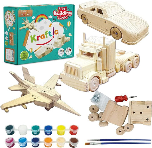 Kraftic Woodworking Building Kit for Kids and Adults, 3 Educational DIY Carpentry Construction Wood Model Kit Toy Projects for Boys and Girls - Build a Wooden Military Jet Race Car and Tractor Trailer
