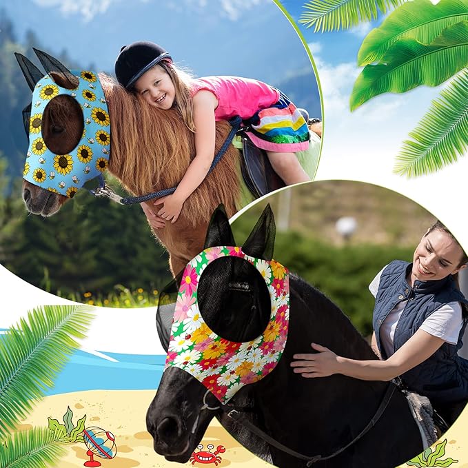 Frienda 4 Pieces Horse Fly Masks with Ears Face Covering UV Protection from Insect Pests Elasticity Smooth Comfortable Mesh Horse Mask Accessories(Flower,Large)
