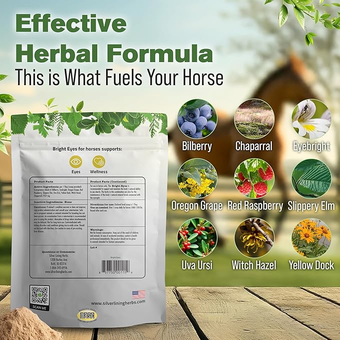 Silver Lining Herbs Bright Eyes Vitamins - Horses Eye Supplements to Support Capillary Health, Great Vision, & Overall Eye Health - Plant-Based Herbal Horse Supplements - 1 lb 60-Day Supply