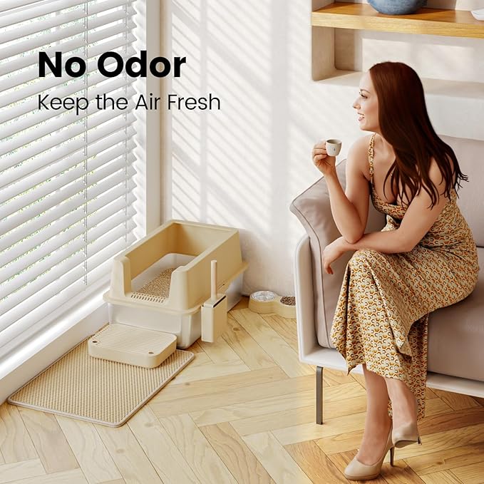 Stainless Steel Cat Litter Box - Enclosed XL Metal Kitty Litter Box with Lid for Big Cats, High Sided, Anti-Leakage, Easy Cleaning, Non-Sticky, Included Spoon & Aisle (Khaki)