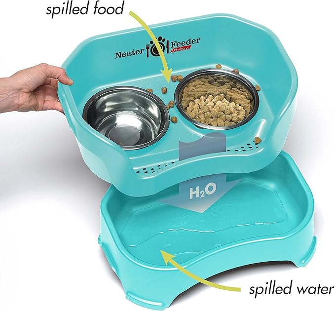 Neater Pet Brands Neater Feeder Deluxe Mess Proof Dog Bowls Elevated for Small Dogs Under 19 lbs, Made in USA, No Spill Raised Dog Food Bowl Stand Feeding Station, Food and Water Bowl Set, Aquamarine