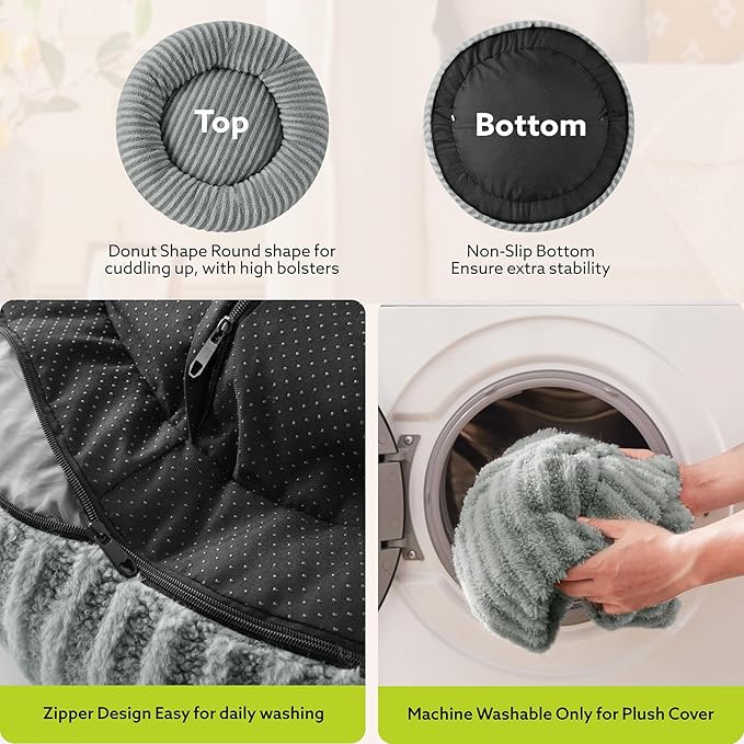 MIXJOY Calming Dog Bed Medium Size, Donut Dog Beds Medium Sized Dogs, Fluffy Plush Faux Fur Round Dog Cat Cuddler with Removable Washable Cover, 30"x30"x8", Grey