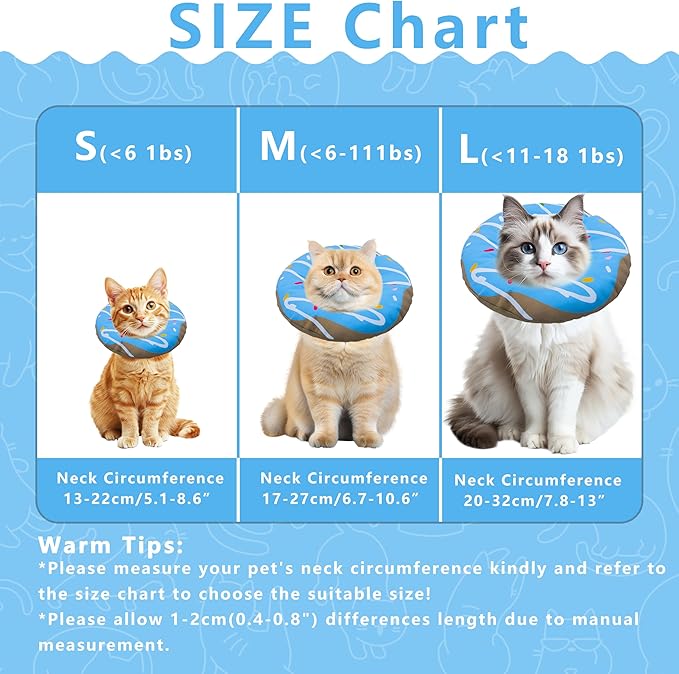 Cat Cone Collar Soft, Adjustable Cat Recovery Collar Kitten Cones to Stop Licking, Cute Donut E Collar After Surgery, Cats Neck Pillow Elizabethan Cones of Shame (Waterproof Blue, Medium)