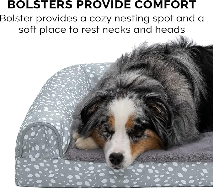 FurHaven Supportive Cooling Memory Foam L Chaise Dog Bed with Washable & Removable Cover - Plush & Almond Print - Gray Almonds, Dogs Up to 35 lbs - Medium