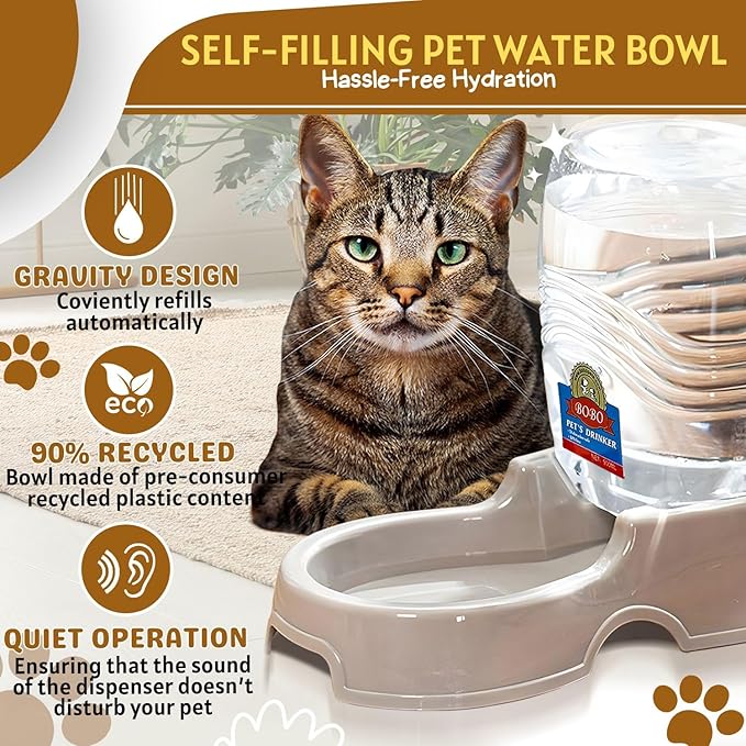 Flexzion Automatic Gravity Pet Waterer for Cat & Dog - Non-Skid & Easy-Clean Auto Replenish Water Dispenser Drinking Bowl (1/4 Gallon/ 900ml), Beige