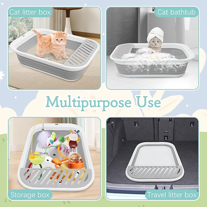 Fhiny Cat Litter Box Portable Shallow Litter Box 17.7"x13.4"x4.9" Foldable Cat Toilet with Scoop Open Kitty Potty Pan with Litter Drop Pedal Easy to Clean Travel Kitten Toilet(Gray)