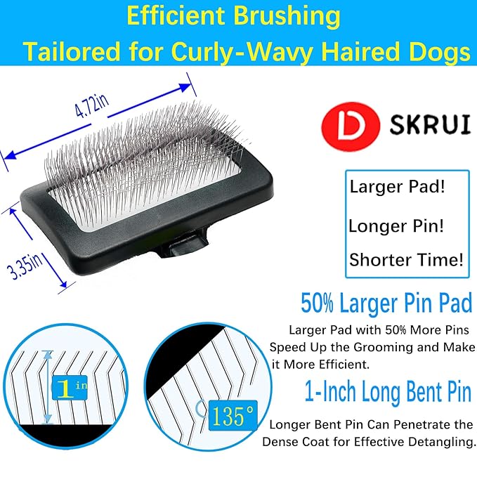 Dog Brush for Long Haired Dogs - Large Firm Slicker Brushes for Poodles, Goldendoodles & Shedding Grooming - Soft Massage Stainless Steel Pins (25mm/1") - Gentle Pet Grooming Wire