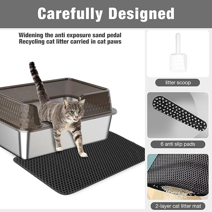 Suhaco Stainless Steel Litter Box Side Entry, Kitty Black Litter Mat and White Scoop Included Covered Metal High Sided Large Cat Litter Box with Lid Removable Enclosure for Medium Cats (Black)