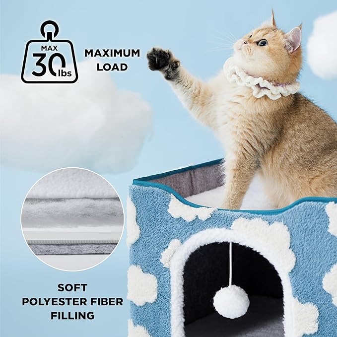 LE SURE Indoor Cat Beds Kitten House - Large Cat Cave for Pet Cube with Fluffy Ball Hanging, Foldable Small Aminal Hideaway, 17 Inches, Cozy Clouds Blue