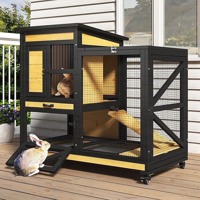 40'' Rabbit Cage Bunny Cage Indoor, Outdoor Rabbit Hutch for Small Animals, 2-Story Wooden Guinea Pig Cages with Wheels & 2 Deeper No Leak Trays, Waterproof Openable Roof & Bottom Wire Mesh
