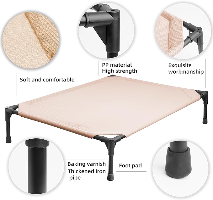 Soft Mesh Elevated Pet Bed for Large Medium Dogs Outdoor Resting Cot with Water-Resistant, Air-Permeable, Cooling and Anti-Skid Portable Dog Bed, Up to 80 lbs,33.3" L x 25.2" W x 6.9" H, Beige