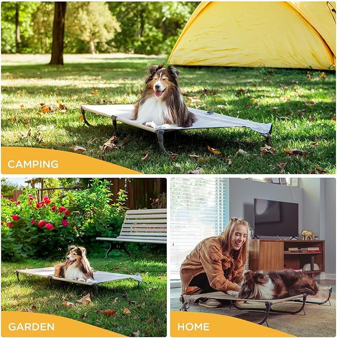 Daisy Cot, Large Foldable Elevated Dog Bed, Portable Raised Outdoor Folding Dog Cot, Cooling, Chew Proof, Waterproof, Heavy Duty Up to 160 Lbs for Camping/Home, Brown, 43"x27"x7”