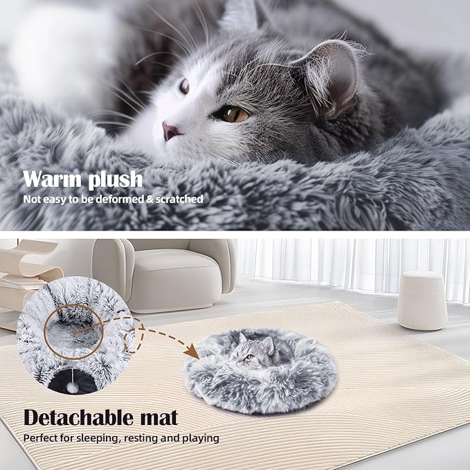 Odoland Cat Tunnel Bed with 20 Cat Toys - Indoor Plush Kitten Couch, Detachable Cats Cave Donut Tunnel & Soft Kitten Toy Set - Cozy Cat Furniture, White