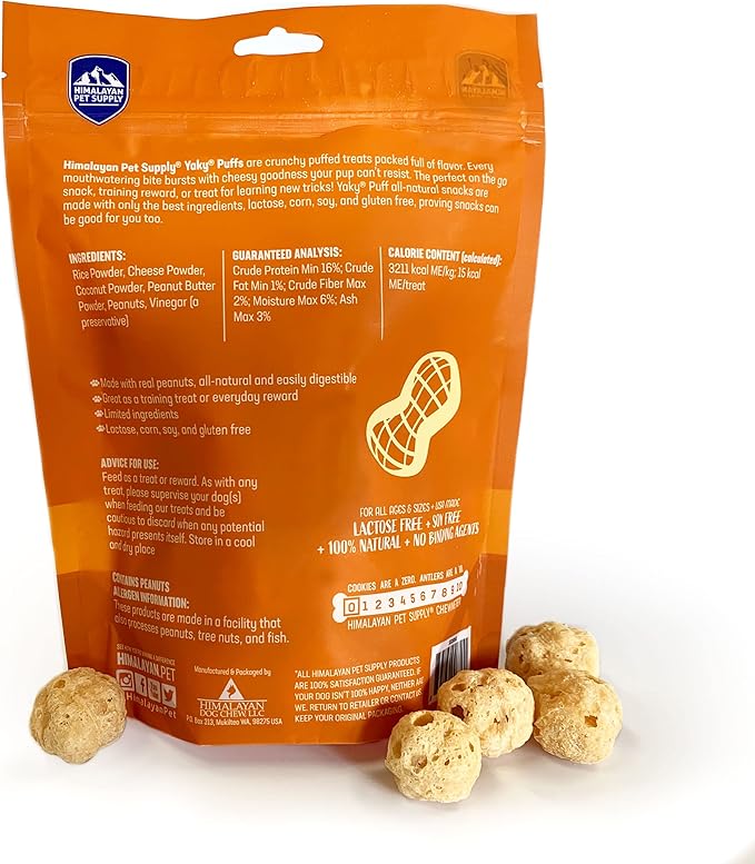 | yakyPUFF Himalayan Cheese Treats | Lactose Free | Gluten Free | Grain Free | USA MADE | For All Breeds | Peanut Butter Flavor Crispy Puffed Treat
